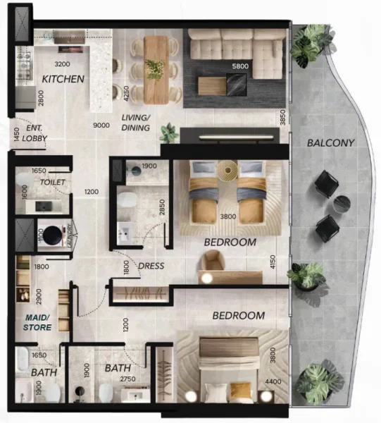 2.0 bedrooms apartments - Radiant Waves