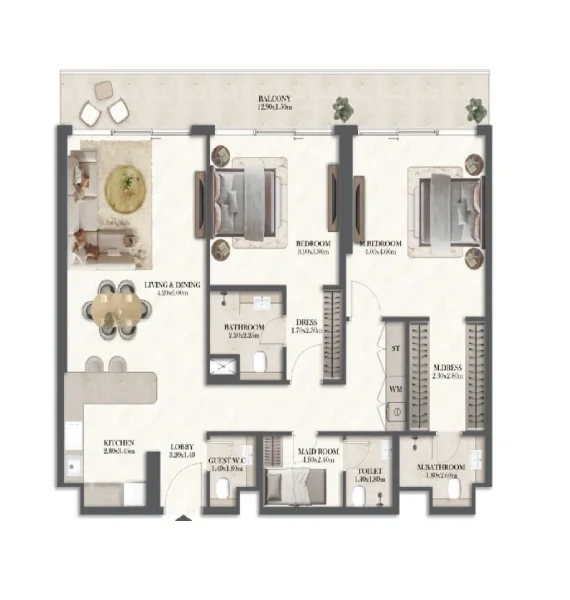 2.0 bedrooms apartments - Rotana Residences North Tower