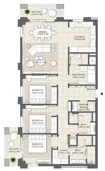 3.0 bedrooms apartments - Palace Residences Creek Blue