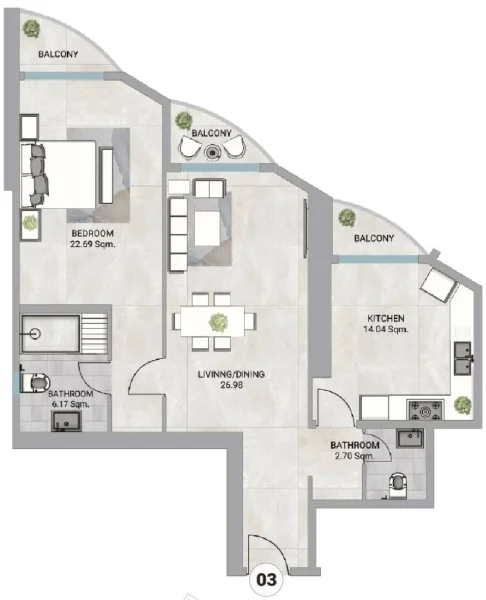 1.0 bedroom apartments - Barajeel Towers