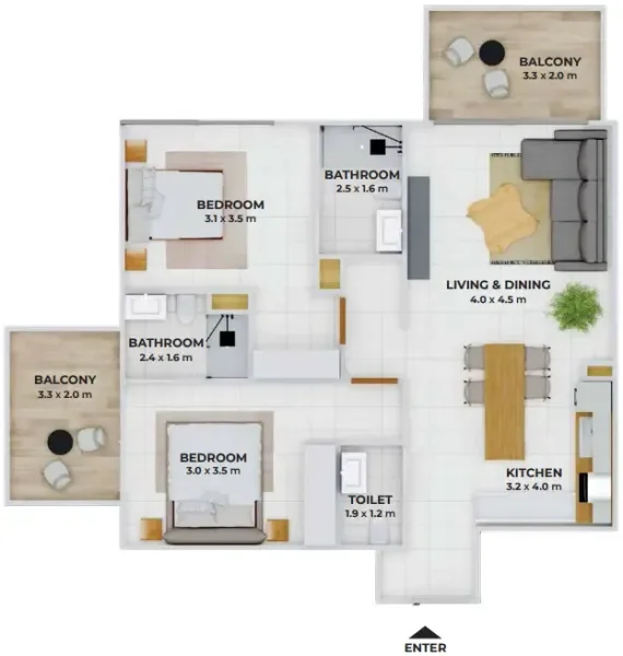 2.0 bedrooms apartments - Treppan Tower