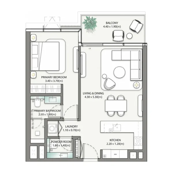 1.0 bedroom apartments - Palm Central Private Residences