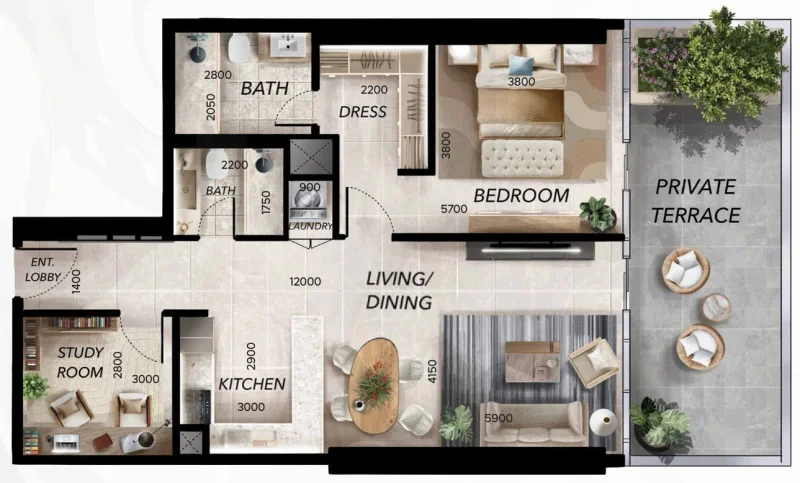 1.0 bedroom apartments - Radiant Waves